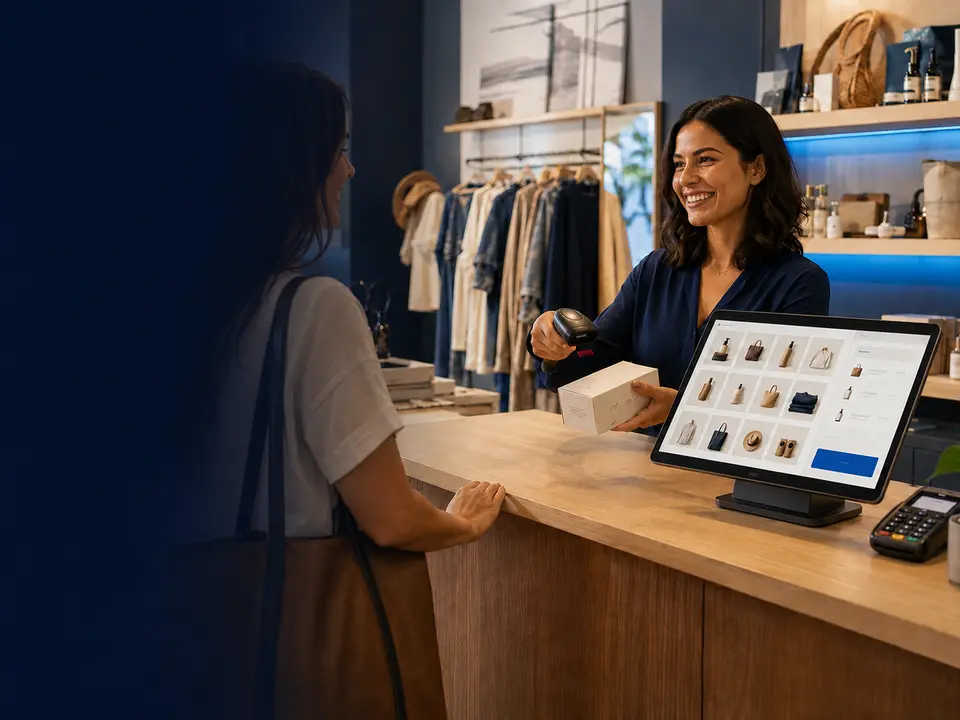 Venta presencial con una tablet y lector de códigos en un comercio